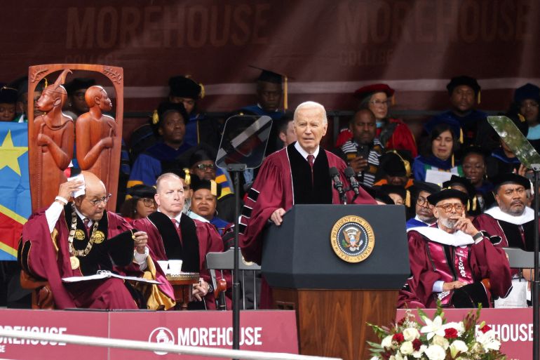 U.S. President Joe Biden addresses Morehouse College graduates during a commencement ceremony in Atlanta, Georgia, U.S., May 19, 2024. 